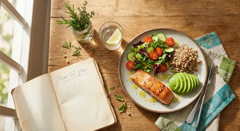 Top-down view of a balanced low-glycemic-index plate with grilled salmon, a colorful salad, quinoa, and sliced avocado on a wooden dining table.