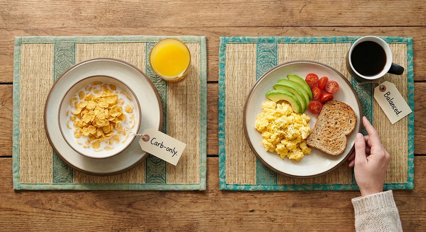 Two breakfast plates compared side by side — a carb-only meal of cereal and juice versus a balanced plate of eggs, avocado, and whole grain toast.