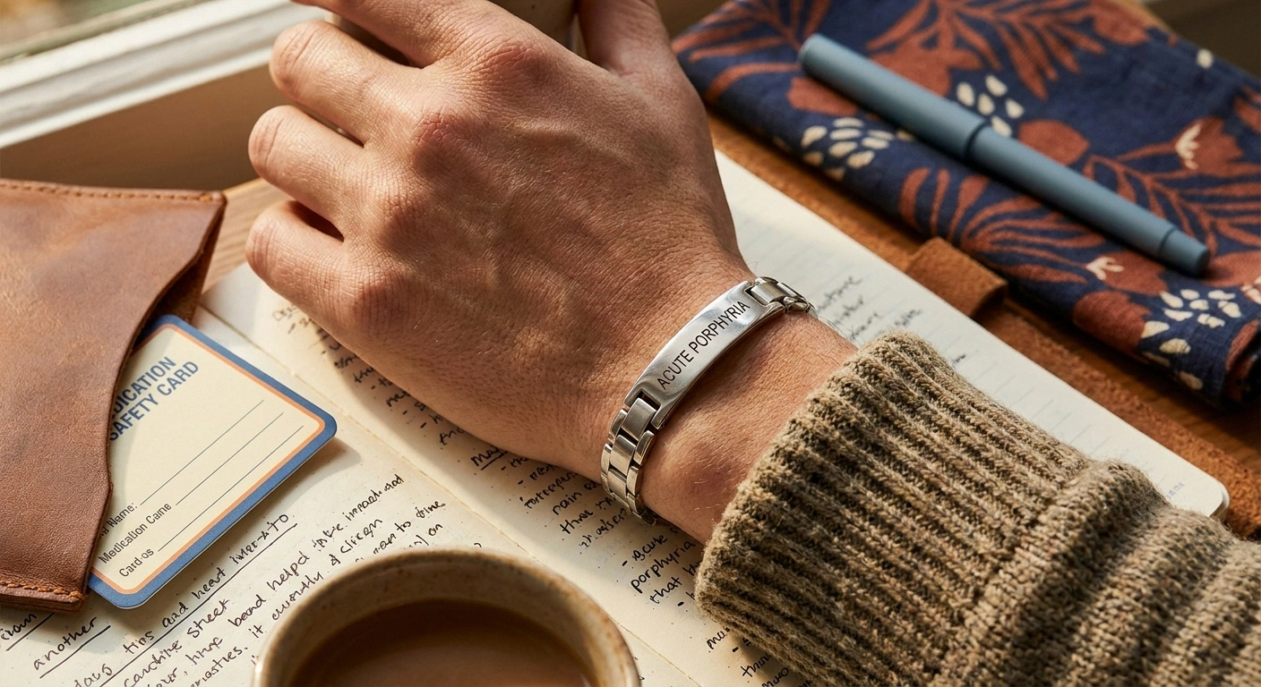 Close up of a wrist wearing a silver medical alert bracelet engraved acute porphyria resting on a kitchen table beside a medication safety card.