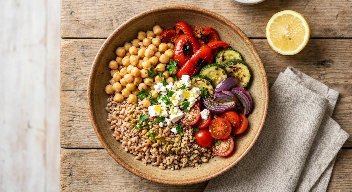 Mediterranean bowl with farro, chickpeas, roasted vegetables, feta, parsley, and olive oil