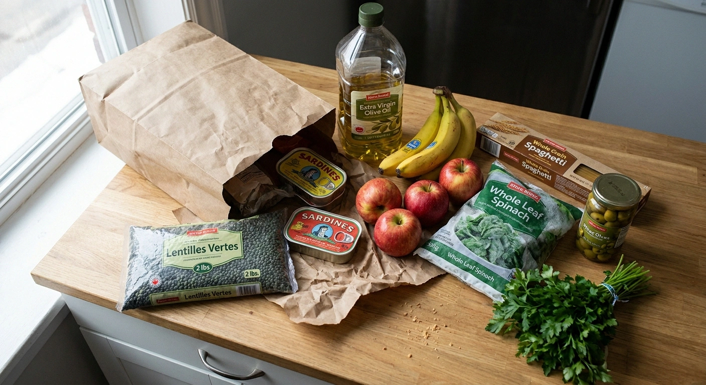Affordable Mediterranean diet groceries — lentils, sardines, olive oil, frozen vegetables, whole-grain pasta