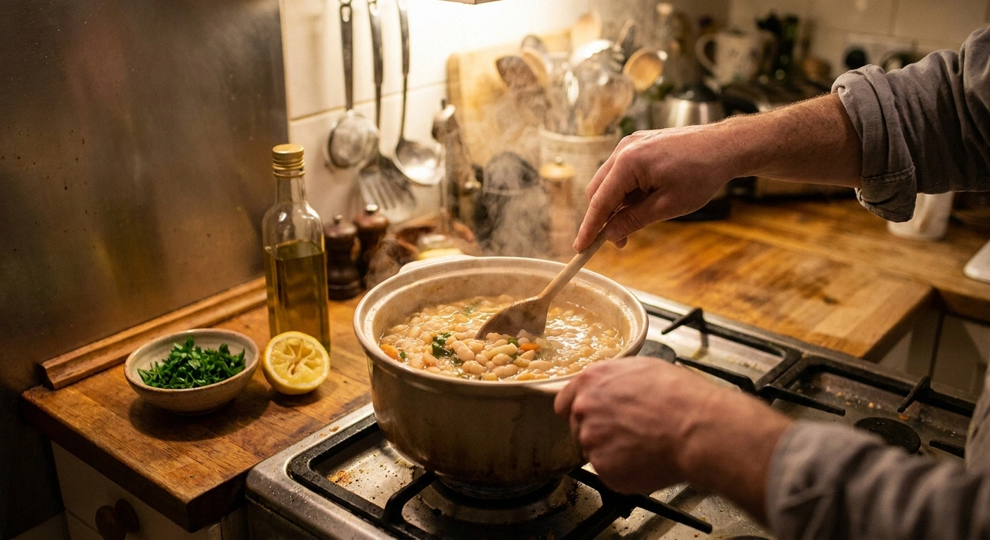 Stirring a simmering Mediterranean bean and vegetable stew on a home stovetop