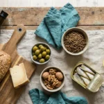 Mediterranean diet staples on a wooden table — olive oil, sardines, lentils, whole grain bread, vegetables, herbs, nuts