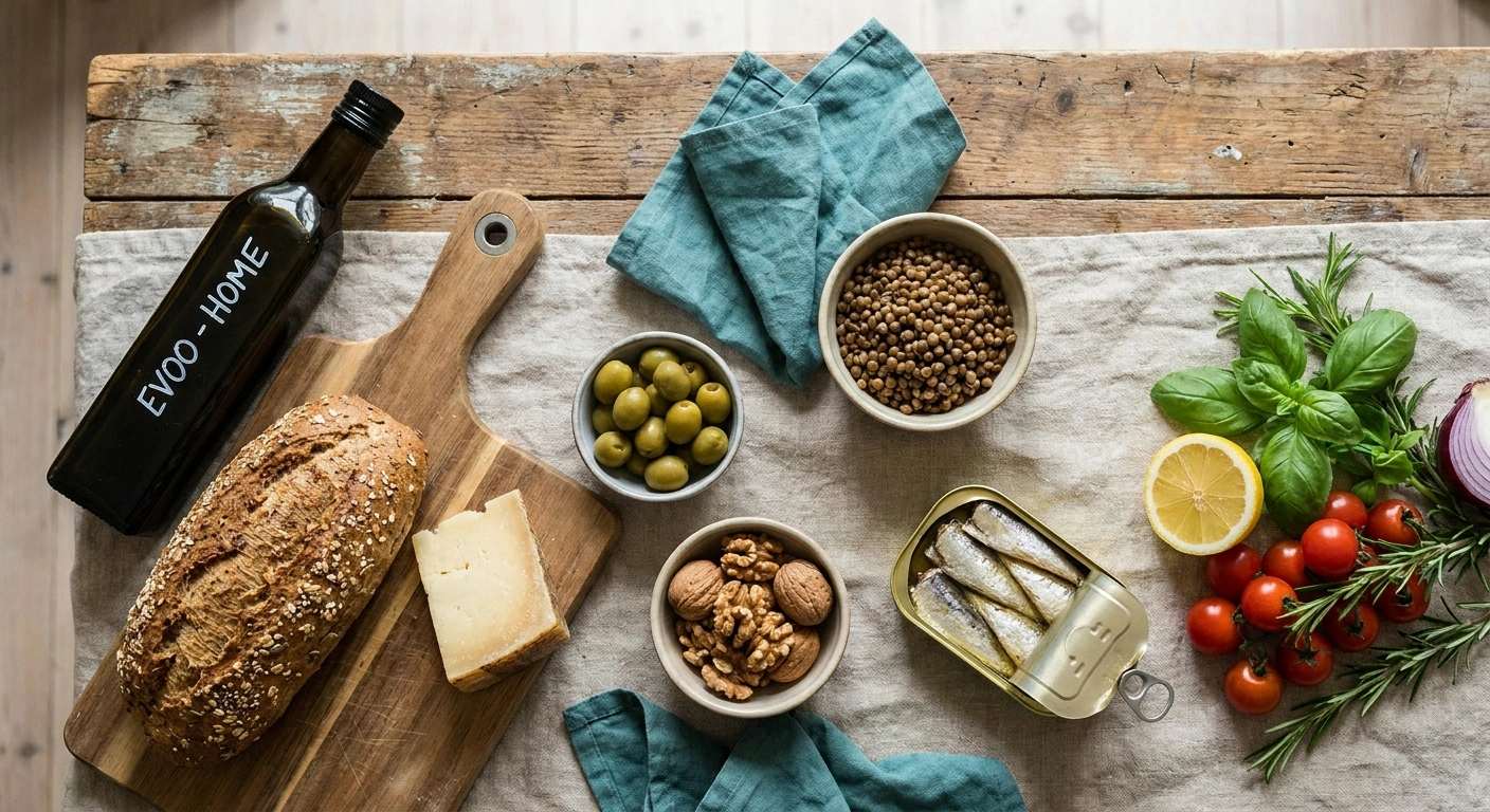 Mediterranean diet staples on a wooden table — olive oil, sardines, lentils, whole grain bread, vegetables, herbs, nuts