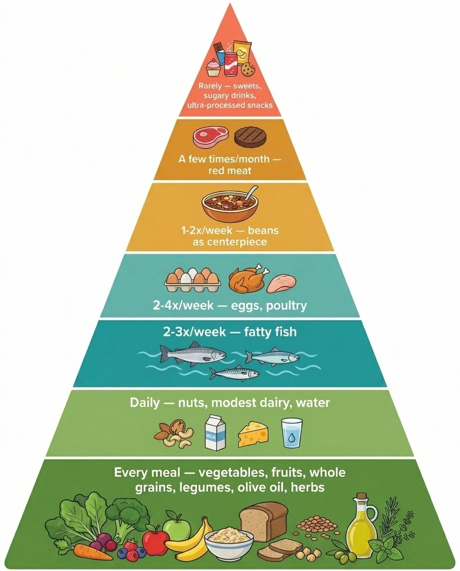 Mediterranean diet weekly frequency pyramid — daily, weekly, monthly, rarely