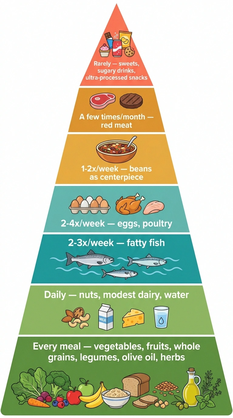 Mediterranean diet weekly frequency pyramid — daily, weekly, monthly, rarely