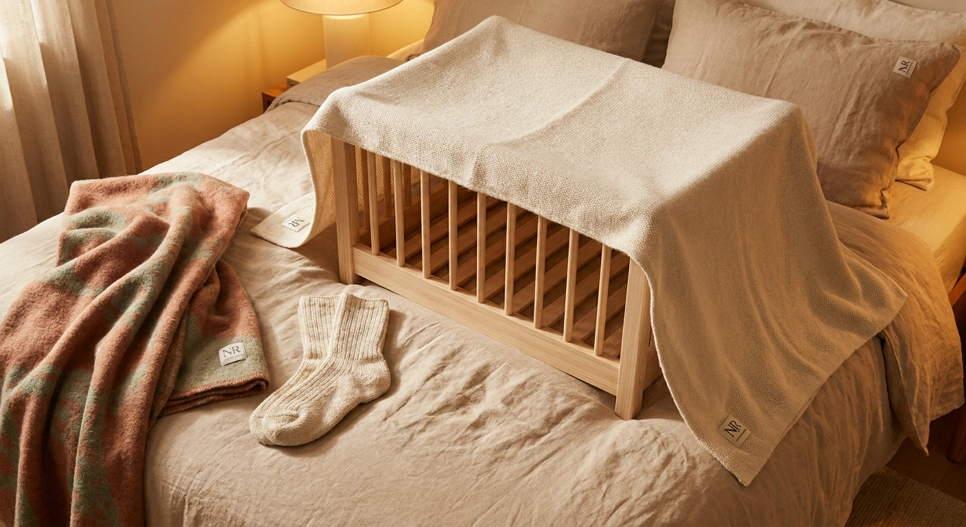 Wooden bed cradle at the foot of a made bed with folded merino wool sleep socks nearby
