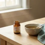 Prescription bottle of metoclopramide on a kitchen table beside broth and water for diabetic gastroparesis
