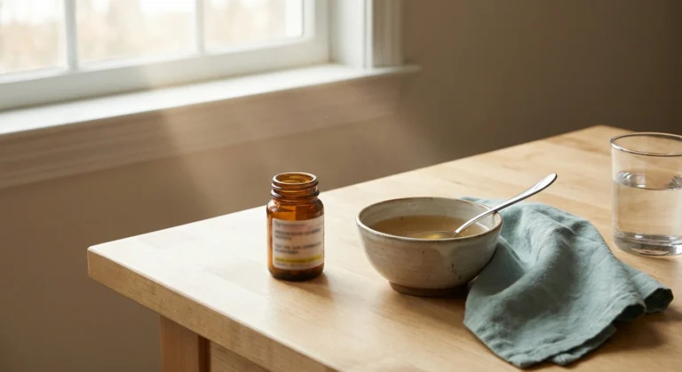 Prescription bottle of metoclopramide on a kitchen table beside broth and water for diabetic gastroparesis