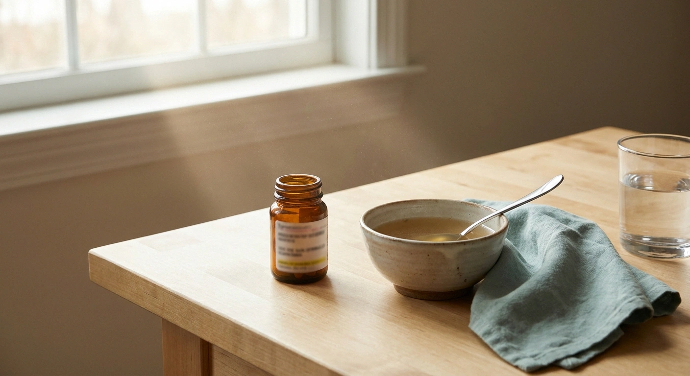 Prescription bottle of metoclopramide on a kitchen table beside broth and water for diabetic gastroparesis