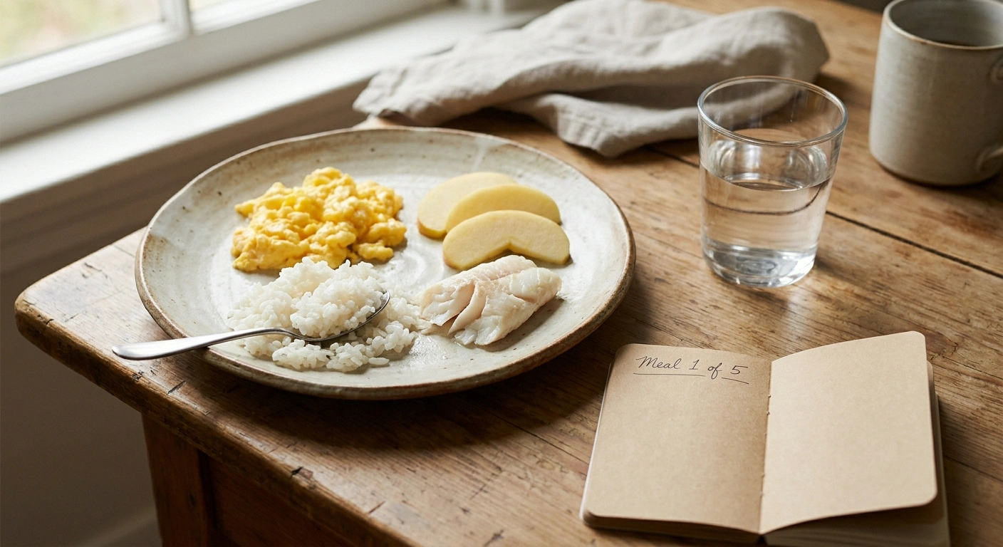 Small frequent gastroparesis-friendly meal — eggs, rice, fish, and peeled apple on a kitchen table