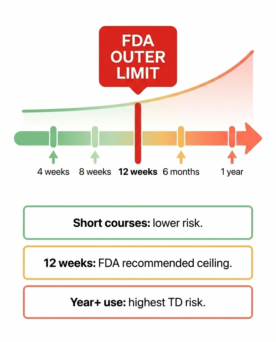Tardive dyskinesia risk timeline for metoclopramide — 12 weeks is the FDA outer limit
