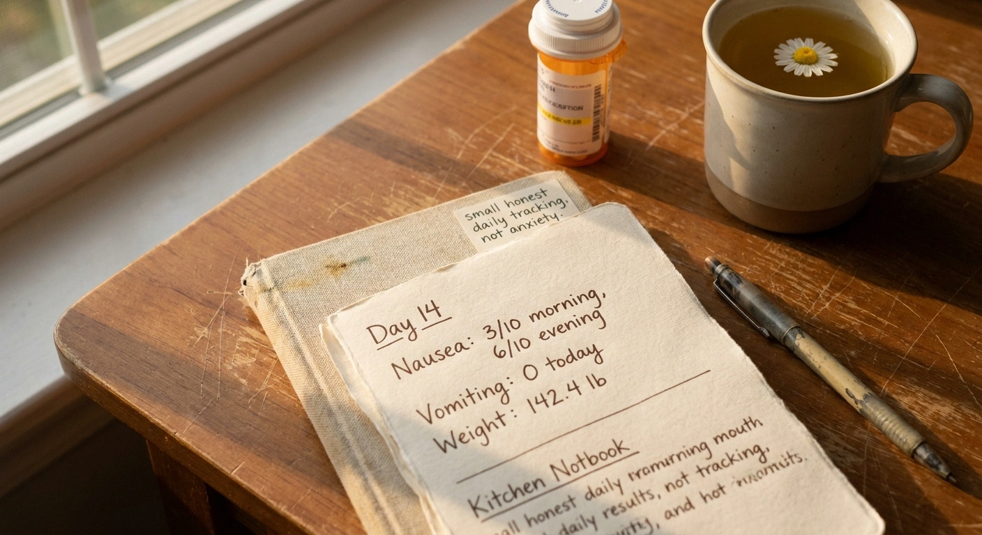 Notebook tracking metoclopramide effects on nausea, vomiting, and weight day by day