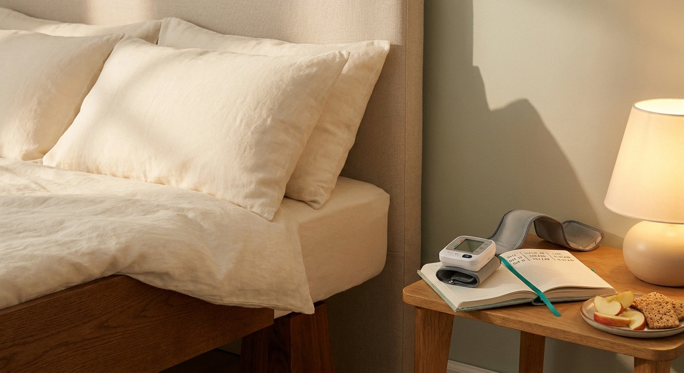 A bed with head elevated on risers, a bedside blood pressure monitor, an open BP log with supine readings, and a small carbohydrate snack — anchoring the bedtime safety routine for midodrine.