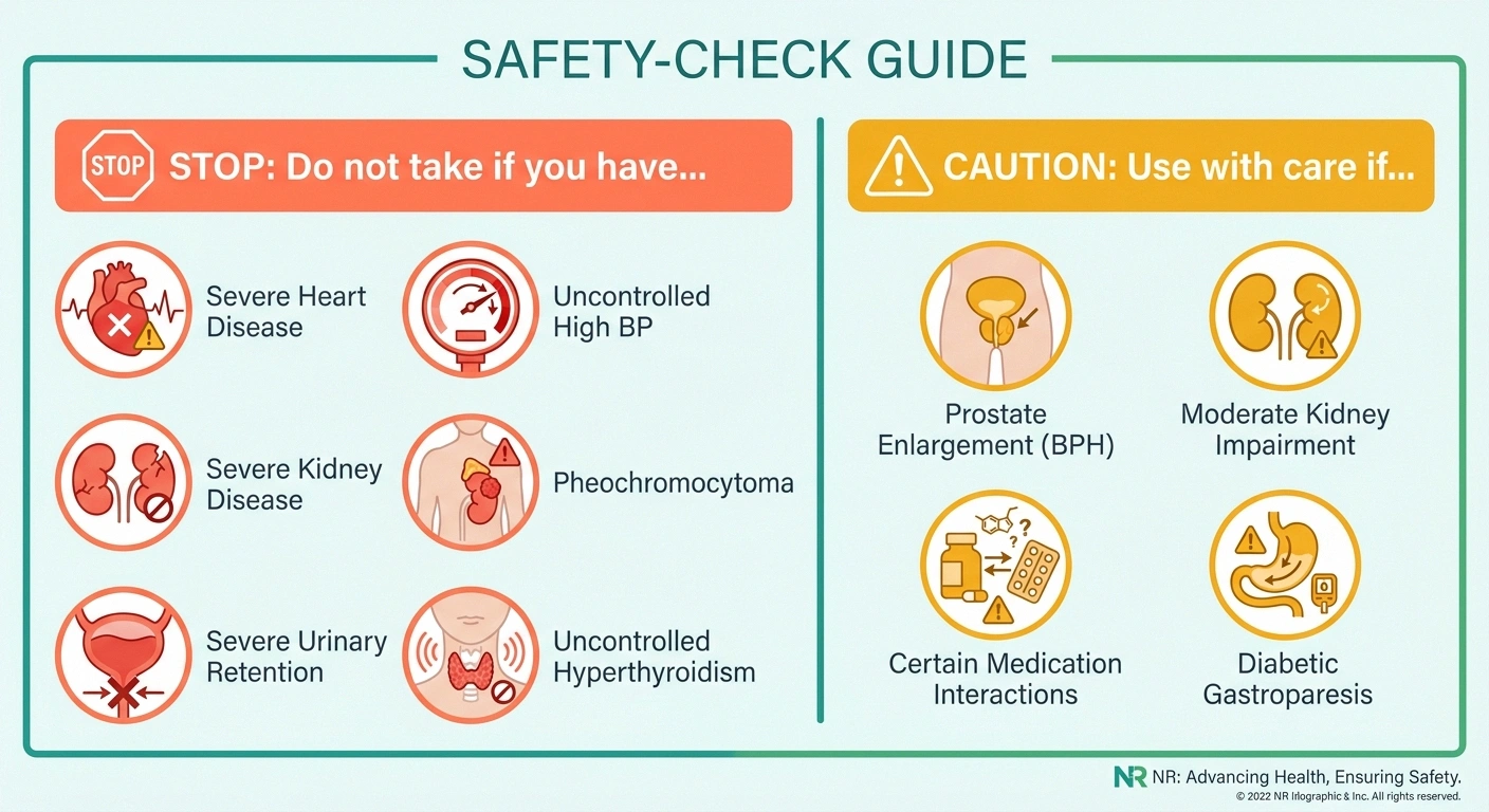 Two-column safety infographic with absolute contraindications to midodrine on the left and caution-required conditions on the right.
