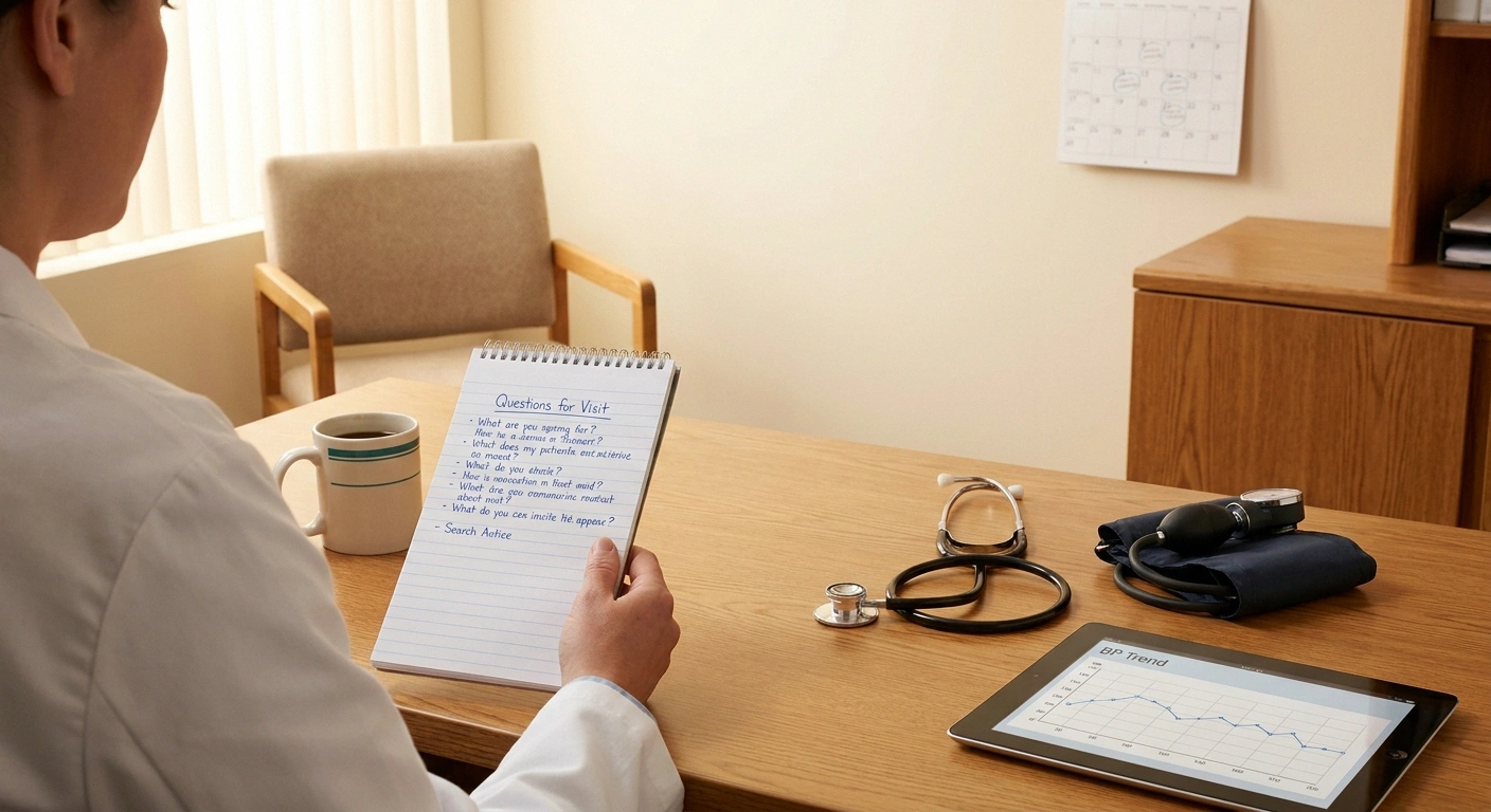 A clinic office desk with a handwritten patient-question list, stethoscope, blood pressure cuff, and BP trend tablet — anchoring the doctor-partner conversation for midodrine prescribing.