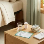 A morning bedside scene with a medication schedule, water glass, prescription bottle, blood pressure monitor, and elevated bed — anchoring a thoughtful midodrine routine for autonomic neuropathy.