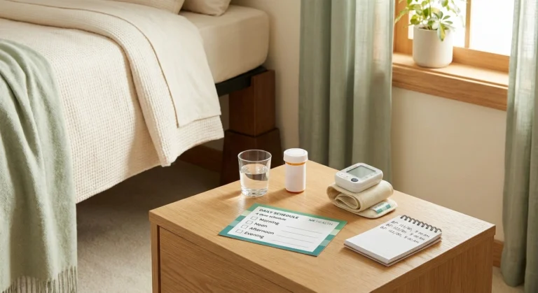 A morning bedside scene with a medication schedule, water glass, prescription bottle, blood pressure monitor, and elevated bed — anchoring a thoughtful midodrine routine for autonomic neuropathy.