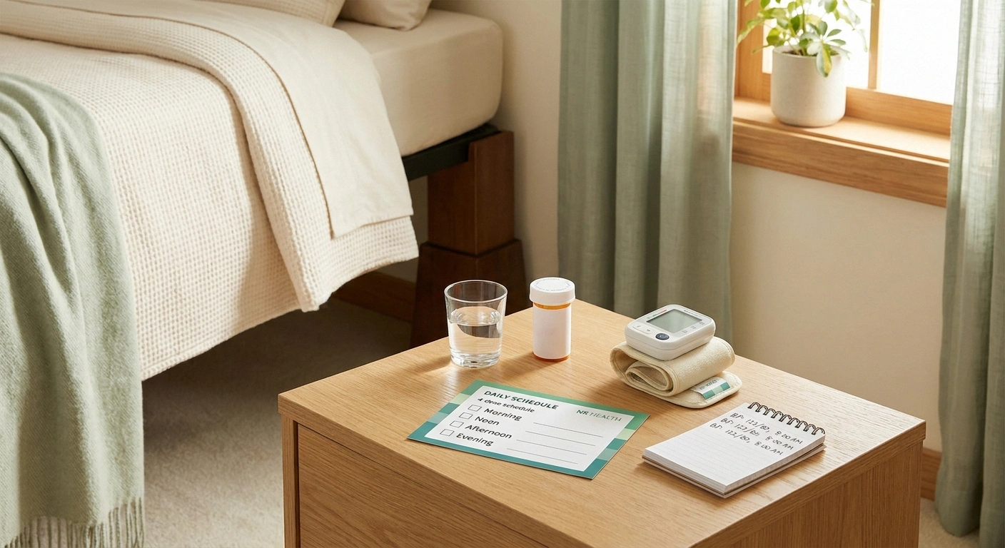 A morning bedside scene with a medication schedule, water glass, prescription bottle, blood pressure monitor, and elevated bed — anchoring a thoughtful midodrine routine for autonomic neuropathy.