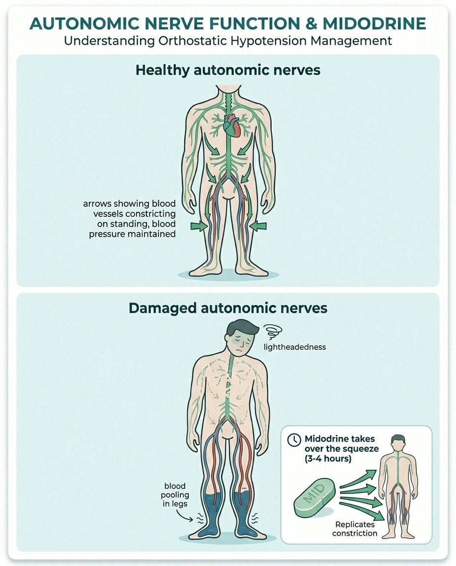 Side-by-side infographic showing healthy autonomic blood pressure response versus damaged response with midodrine taking over vessel constriction.