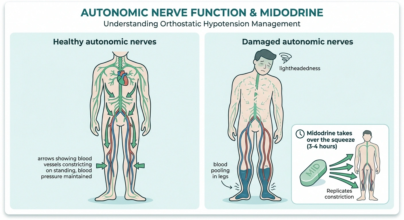 Side-by-side infographic showing healthy autonomic blood pressure response versus damaged response with midodrine taking over vessel constriction.