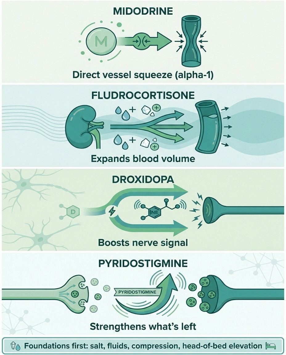 Four-quadrant infographic comparing midodrine, fludrocortisone, droxidopa, and pyridostigmine mechanisms for neurogenic orthostatic hypotension.