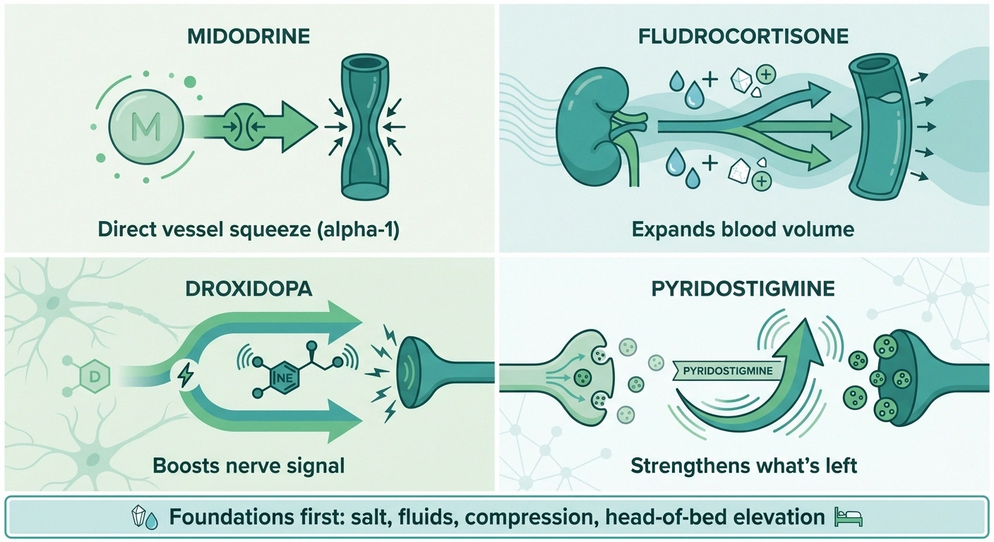 Four-quadrant infographic comparing midodrine, fludrocortisone, droxidopa, and pyridostigmine mechanisms for neurogenic orthostatic hypotension.