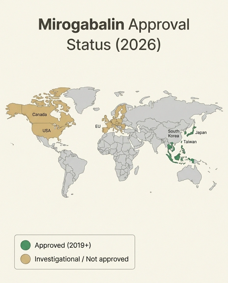 Map showing mirogabalin is approved in Japan and parts of Asia but not in the United States as of 2026