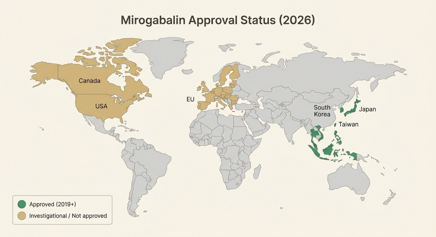 Map showing mirogabalin is approved in Japan and parts of Asia but not in the United States as of 2026