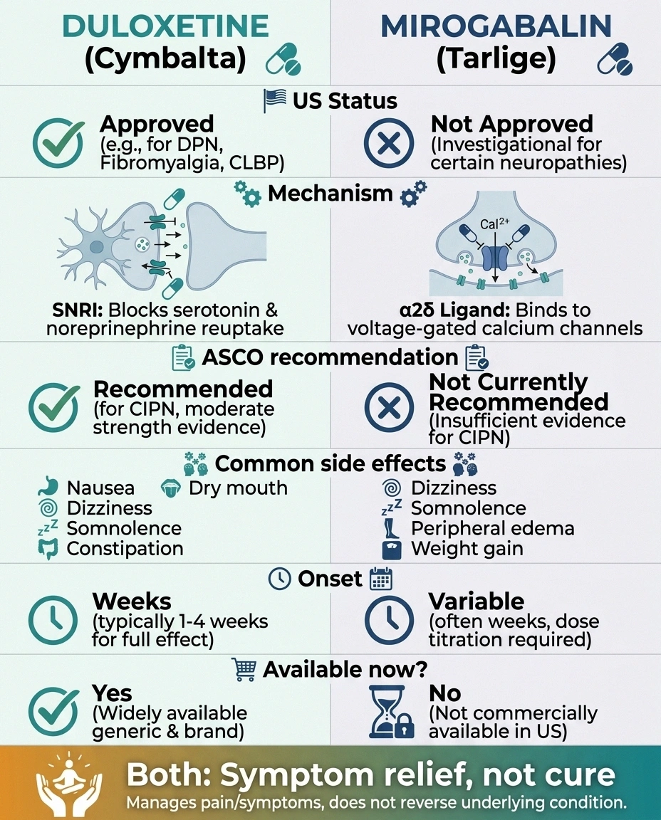 Side-by-side comparison chart of duloxetine and mirogabalin for chemo-induced peripheral neuropathy