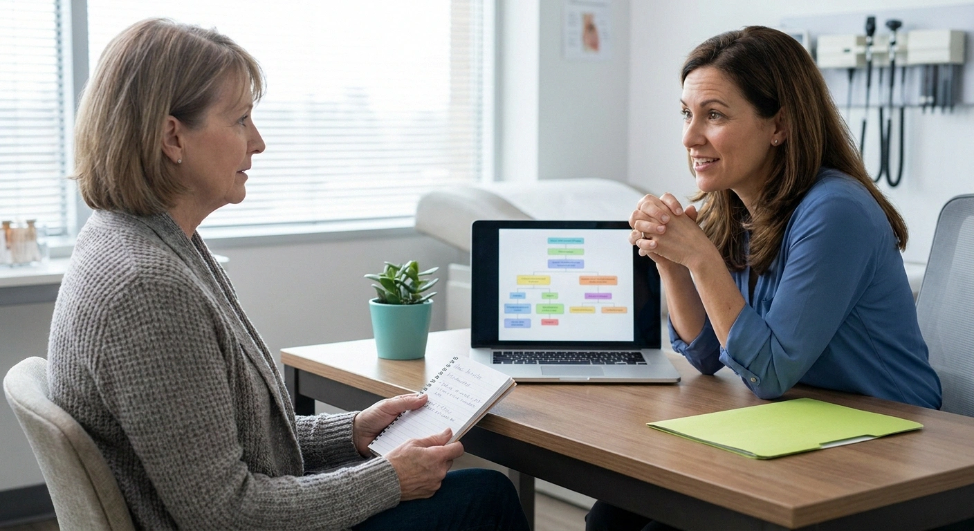 Patient discussing mirogabalin and duloxetine options with her oncologist during a CIPN consultation
