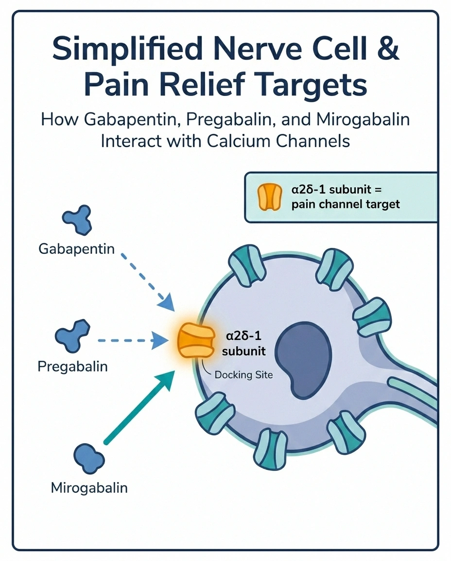 Diagram showing how mirogabalin binds the alpha-2-delta-1 subunit more selectively than gabapentin and pregabalin