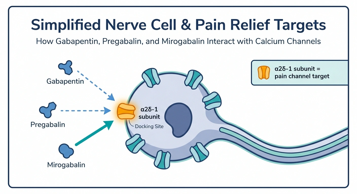 Diagram showing how mirogabalin binds the alpha-2-delta-1 subunit more selectively than gabapentin and pregabalin