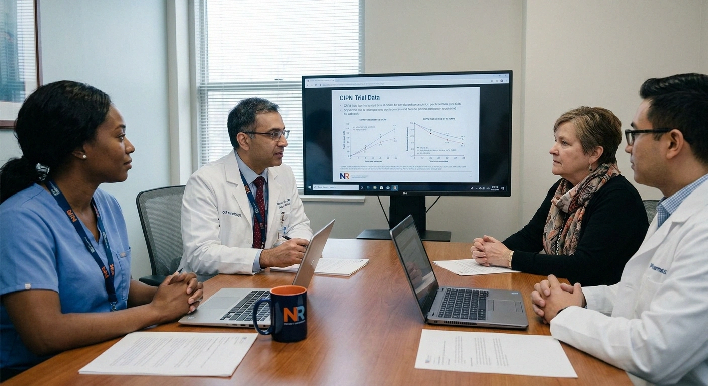 Clinical research team reviewing mirogabalin and duloxetine CIPN trial data