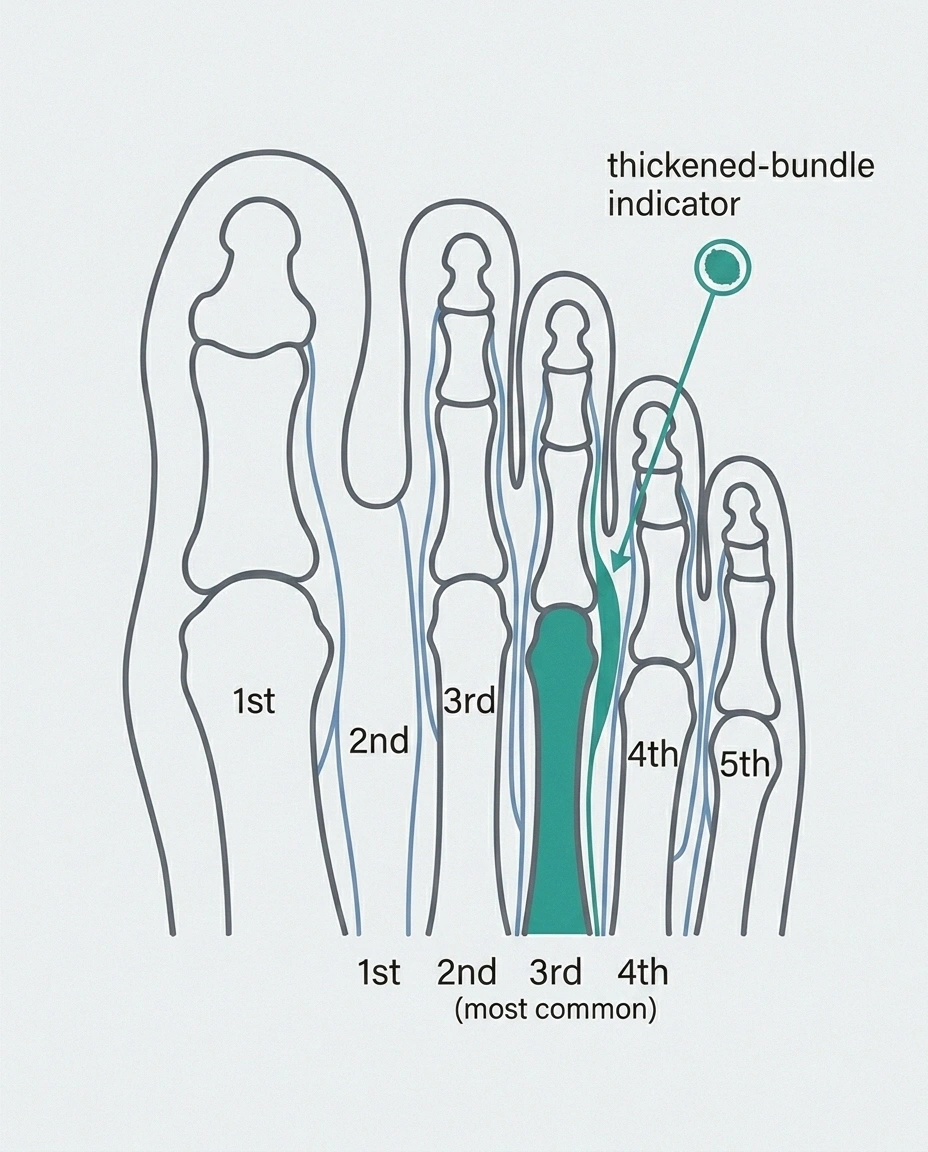 Anatomical infographic of foot bones showing Morton's neuroma at the third interspace between the third and fourth metatarsals.