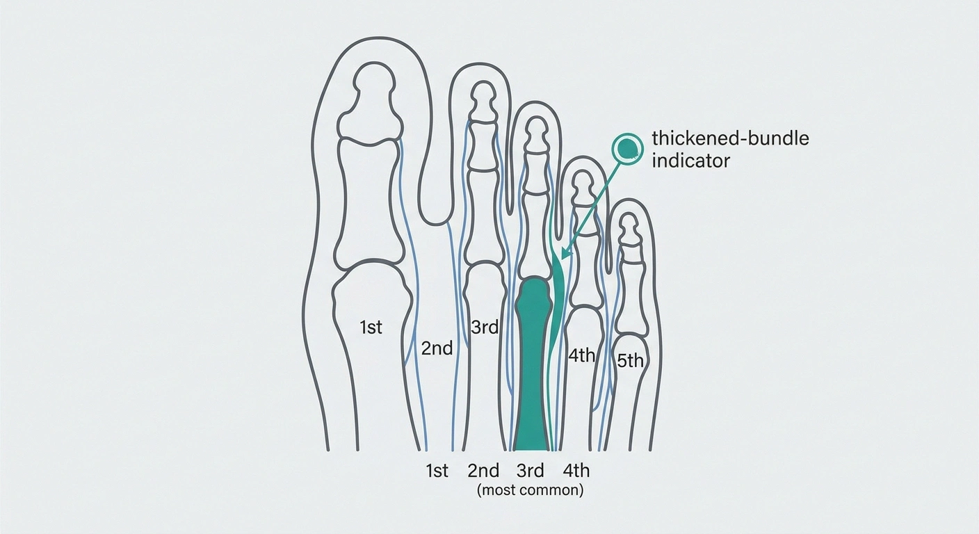 Anatomical infographic of foot bones showing Morton's neuroma at the third interspace between the third and fourth metatarsals.