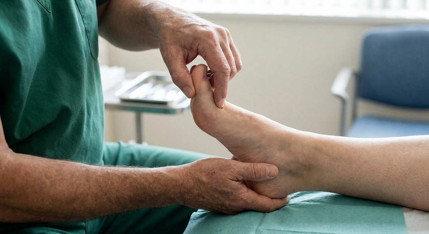 A clinician's hands gently examining a patient's forefoot in a podiatry office, illustrating the Mulder's sign physical exam test.