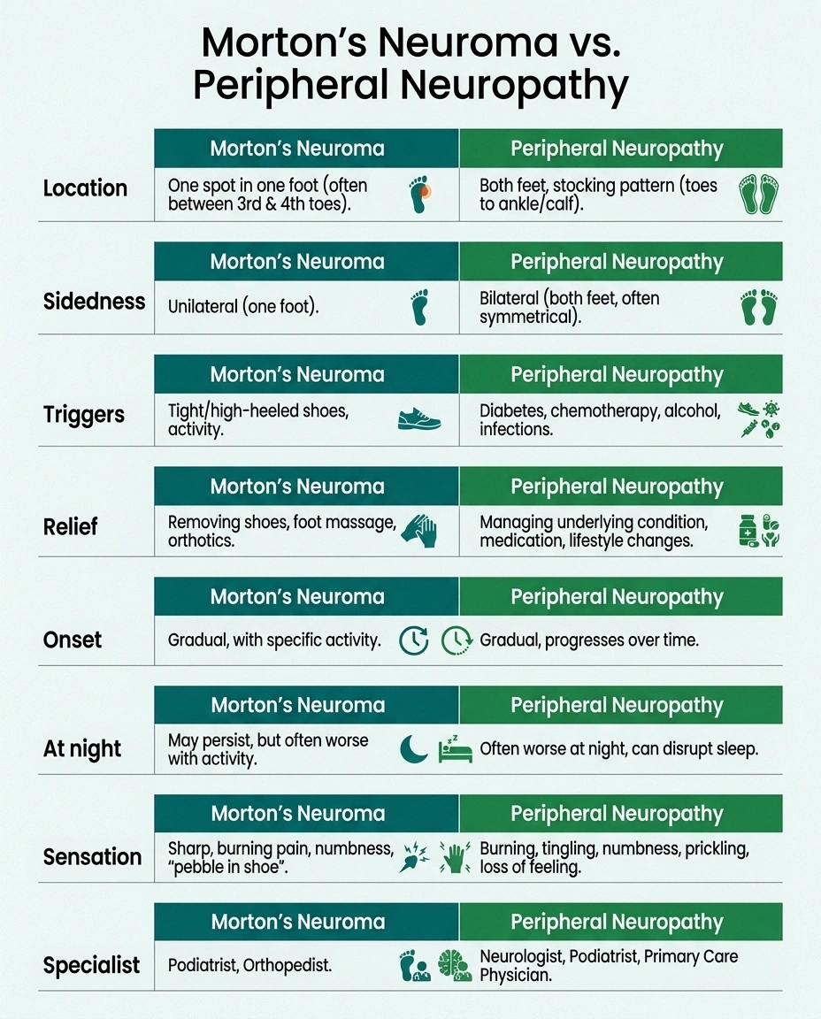 Side-by-side comparison infographic of Morton's neuroma vs peripheral neuropathy across 8 distinguishing features.