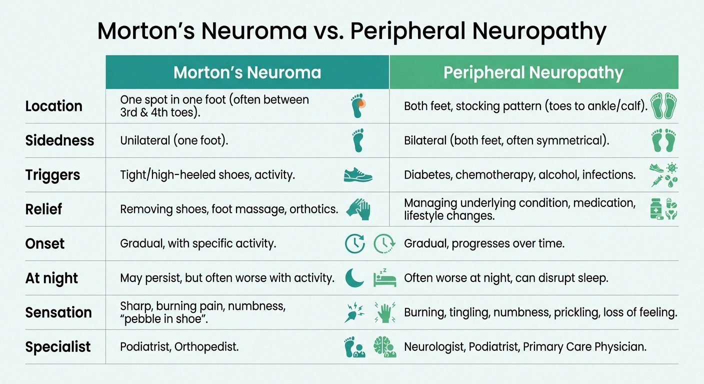 Side-by-side comparison infographic of Morton's neuroma vs peripheral neuropathy across 8 distinguishing features.