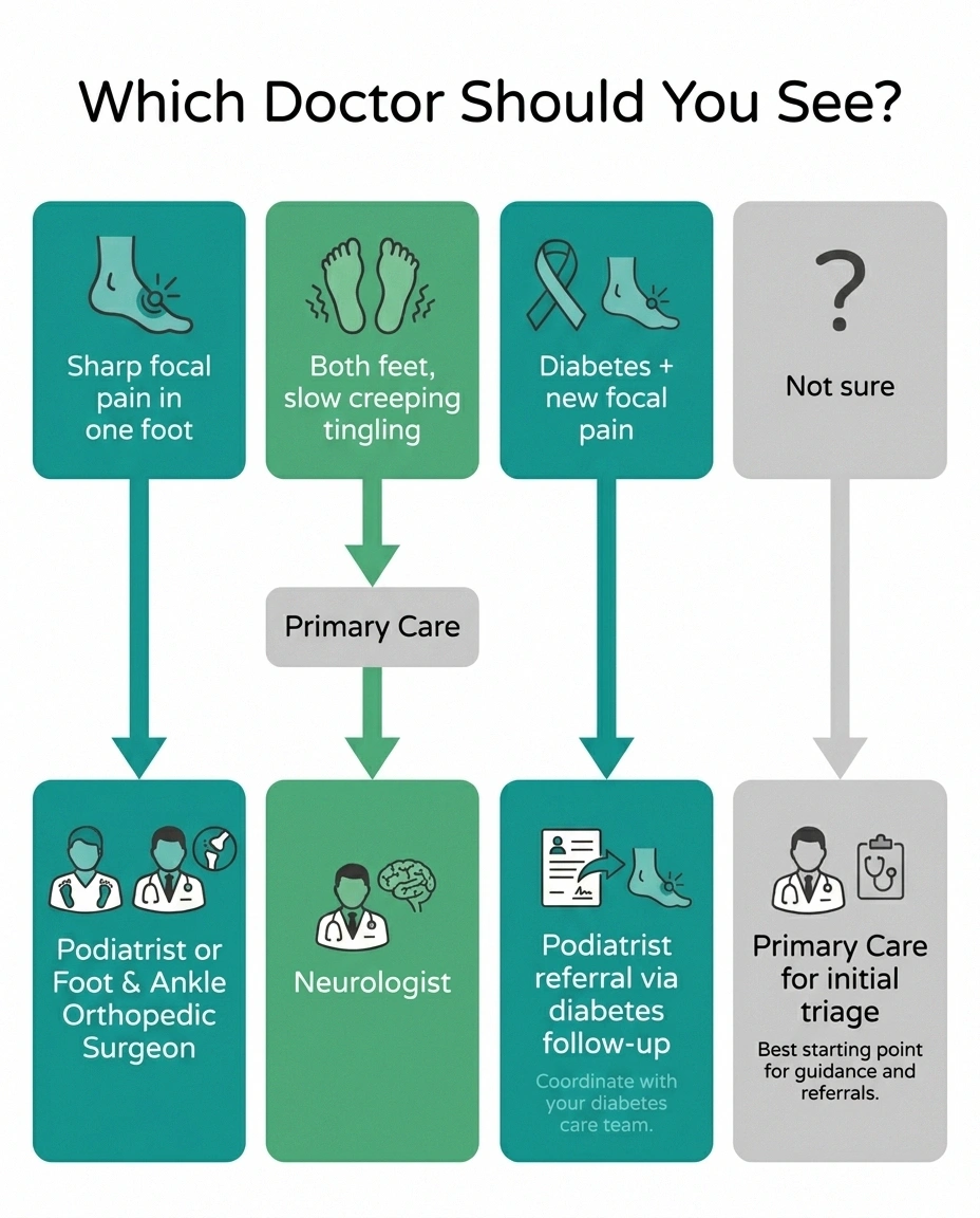 Routing flowchart infographic showing which doctor to see for Morton's neuroma vs peripheral neuropathy symptoms.