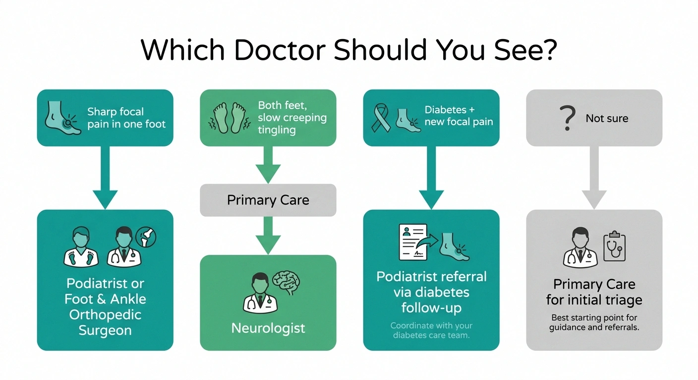 Routing flowchart infographic showing which doctor to see for Morton's neuroma vs peripheral neuropathy symptoms.