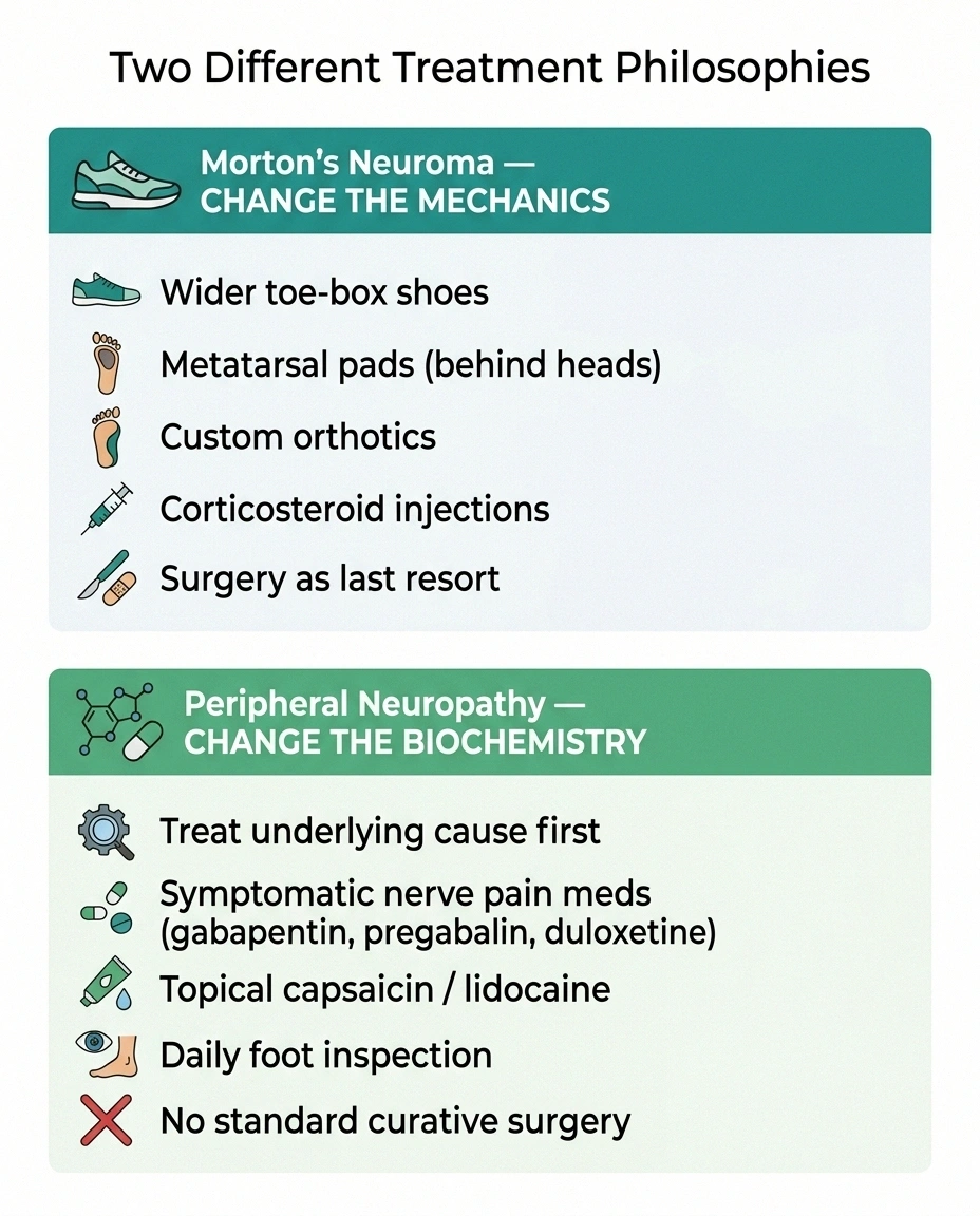 Two-column infographic comparing Morton's neuroma treatment (changing foot mechanics) with peripheral neuropathy treatment (changing body biochemistry).