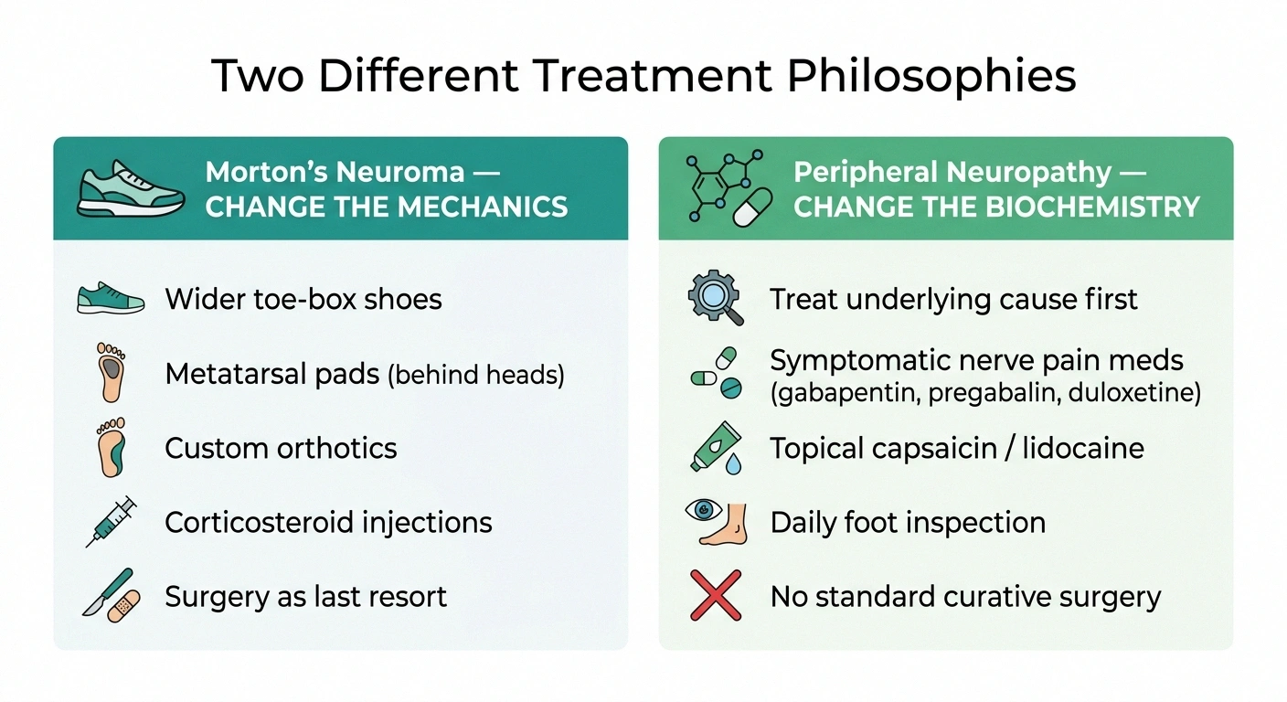 Two-column infographic comparing Morton's neuroma treatment (changing foot mechanics) with peripheral neuropathy treatment (changing body biochemistry).