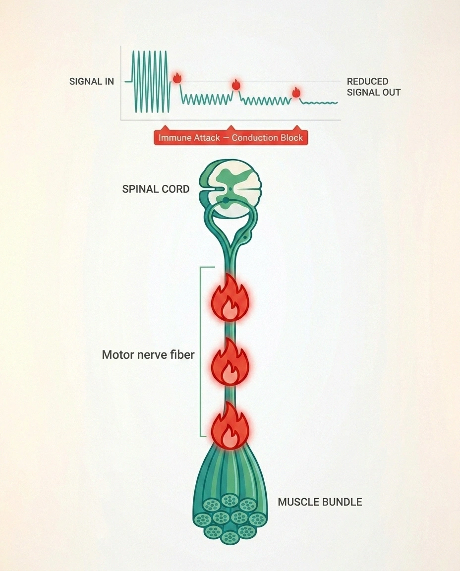 Diagram of multifocal motor neuropathy showing conduction block at scattered immune-attack points along a motor nerve, with the electrical signal dropping in amplitude after each block
