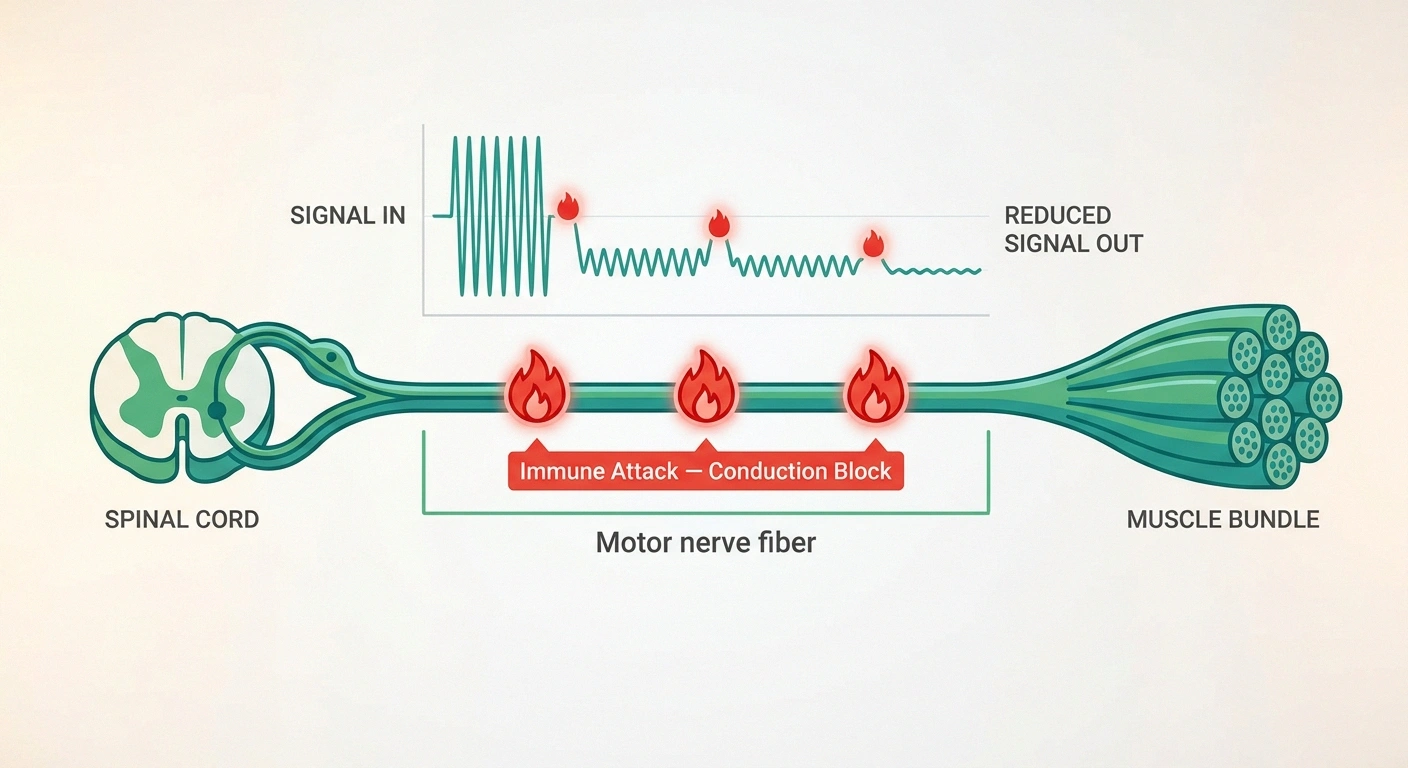 Diagram of multifocal motor neuropathy showing conduction block at scattered immune-attack points along a motor nerve, with the electrical signal dropping in amplitude after each block