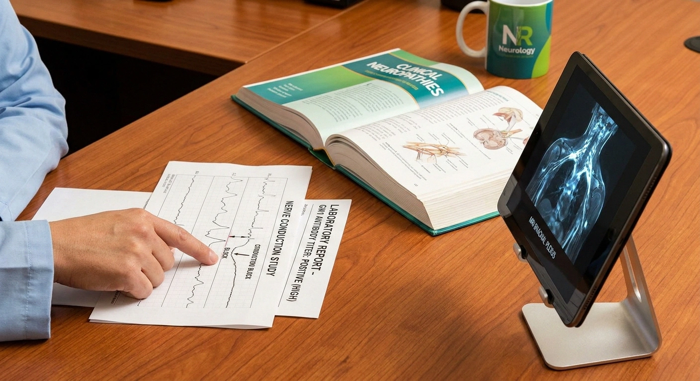 MMN diagnostic workup components — nerve conduction study showing conduction block, GM1 antibody lab result, and brachial plexus nerve MRI on a neurology desk