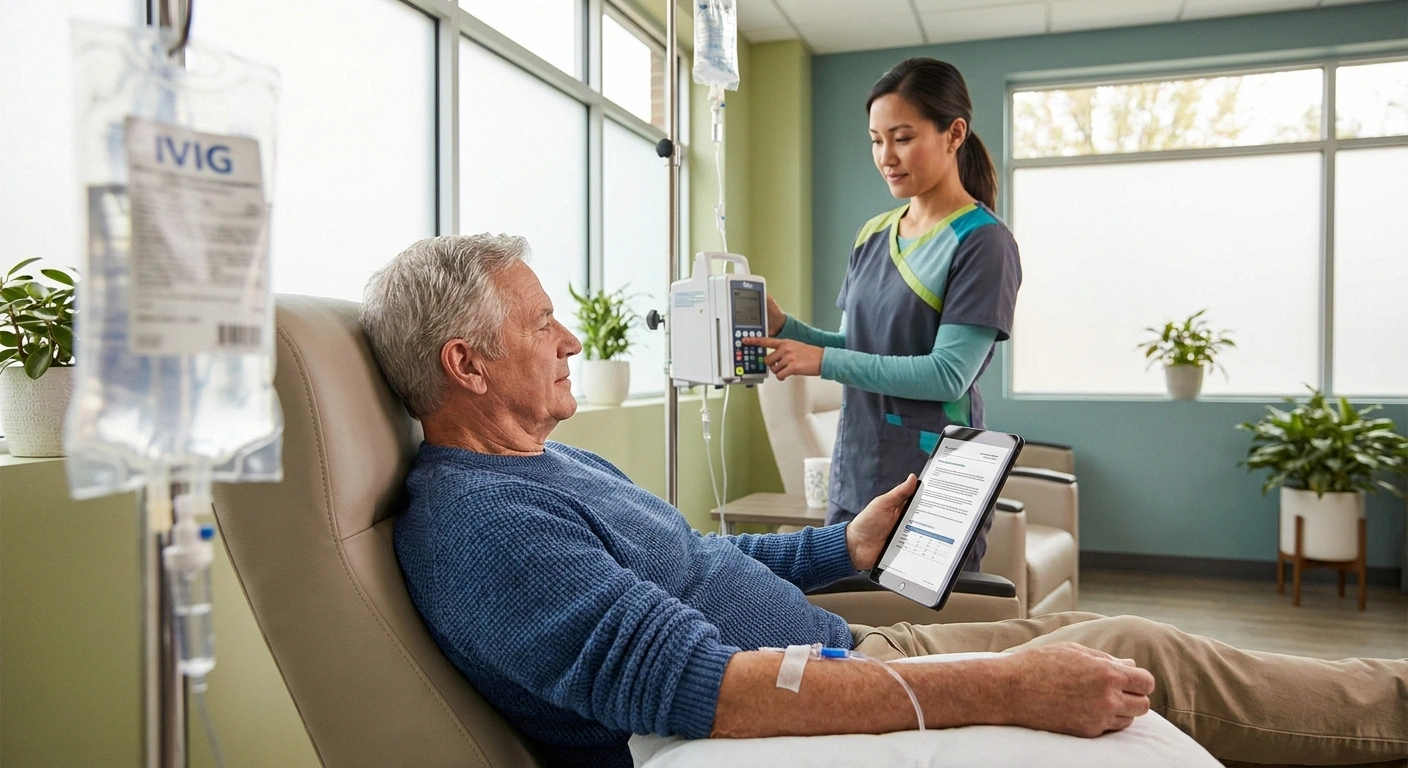 Patient receiving routine IVIG infusion treatment for multifocal motor neuropathy in a calm outpatient infusion suite — the first-line therapy that restores nerve function in most MMN cases