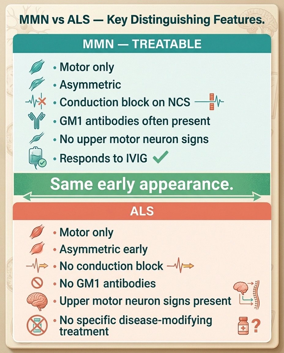 Comparison infographic of multifocal motor neuropathy versus ALS, showing how nerve conduction studies, GM1 antibodies, and absence of upper motor neuron signs distinguish the treatable MMN from ALS