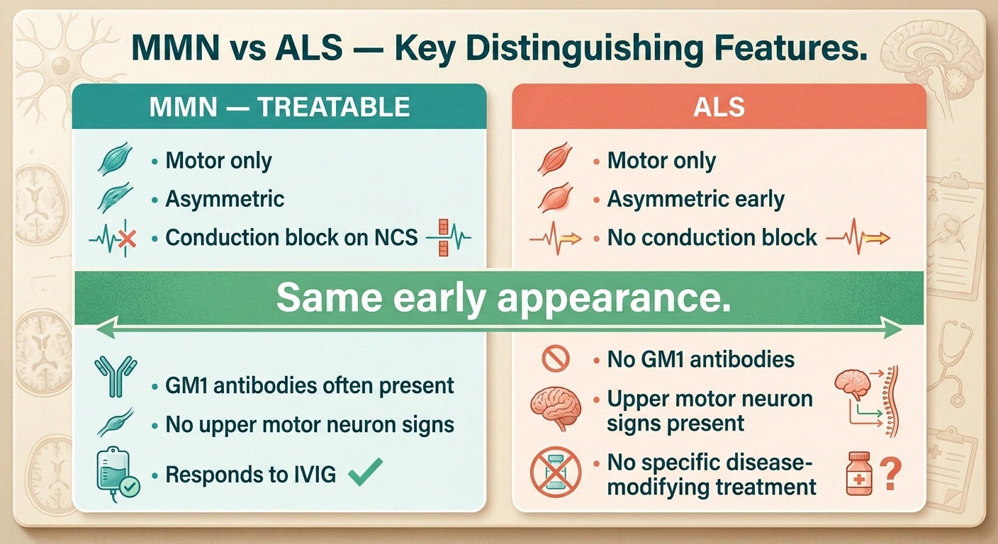 Comparison infographic of multifocal motor neuropathy versus ALS, showing how nerve conduction studies, GM1 antibodies, and absence of upper motor neuron signs distinguish the treatable MMN from ALS