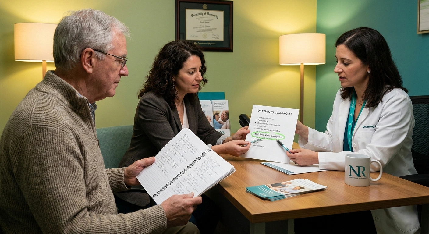 Patient and family member meeting with a neuromuscular specialist to discuss MMN as a treatable alternative to an initial ALS suspicion, holding a notebook of questions to ask
